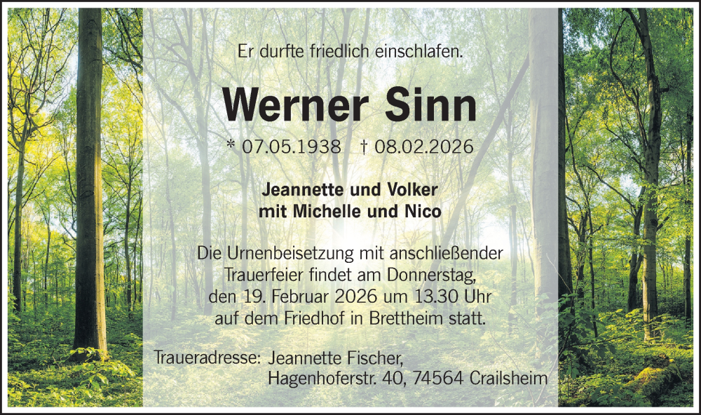  Traueranzeige für Werner Sinn vom 14.02.2026 aus Hohenloher Tagblatt