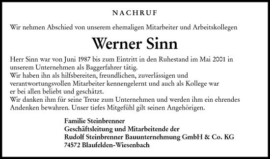 Traueranzeige von Werner Sinn von Hohenloher Tagblatt