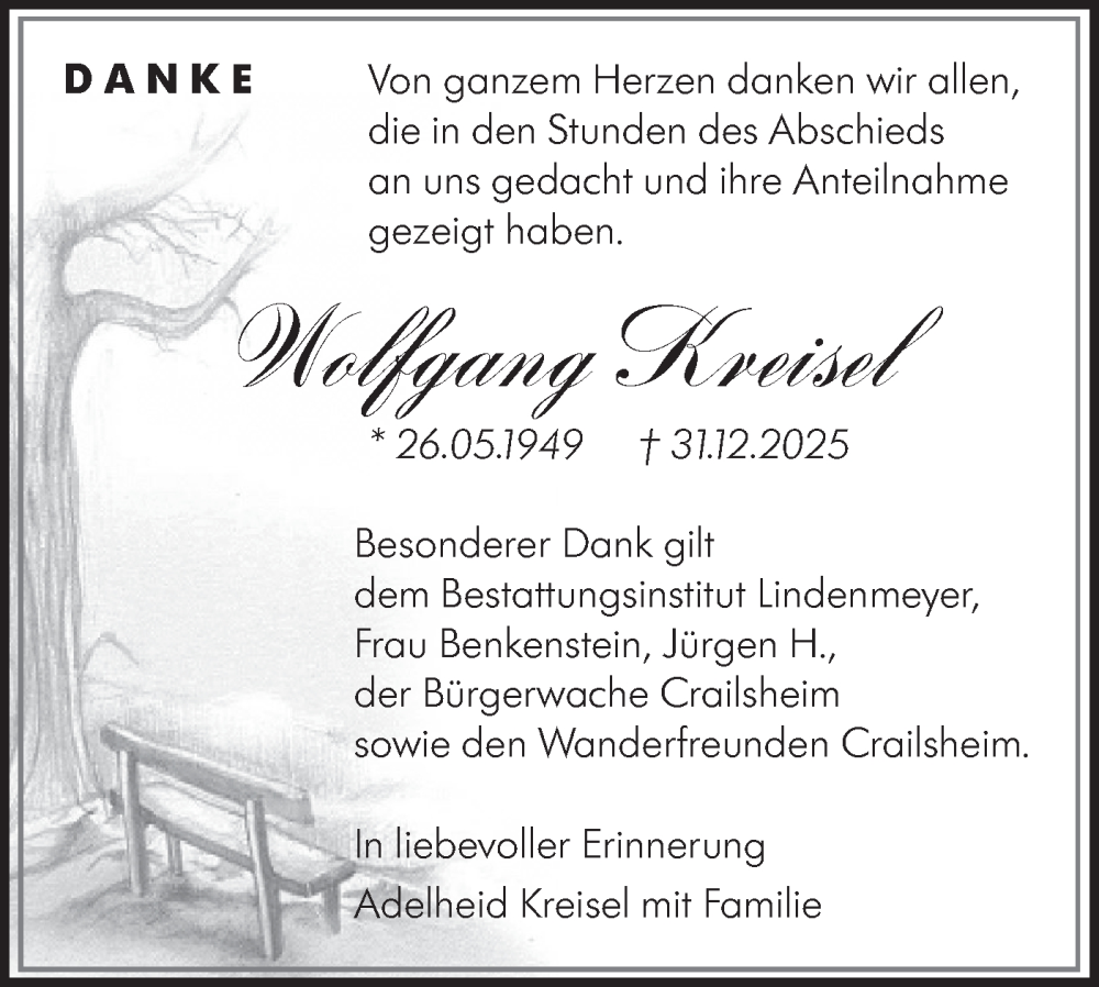  Traueranzeige für Wolfgang Kreisel vom 21.02.2026 aus Hohenloher Tagblatt