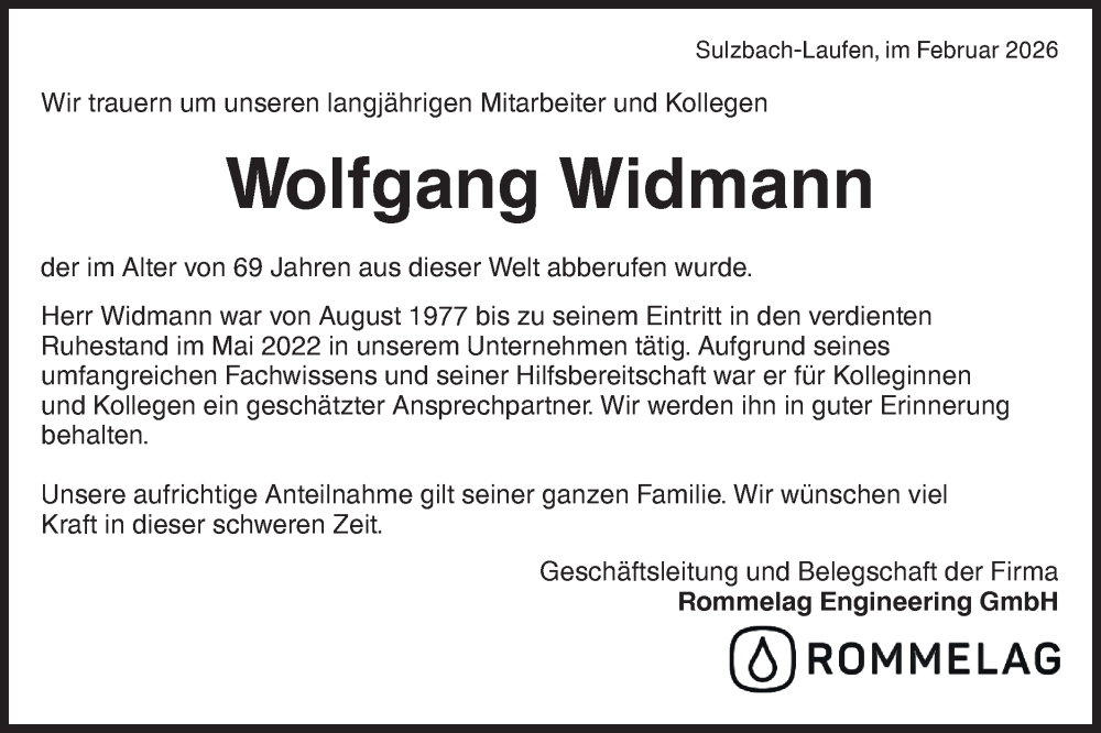  Traueranzeige für Wolfgang Widmann vom 23.02.2026 aus Rundschau Gaildorf