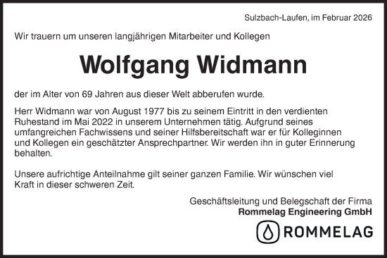 Traueranzeige von Wolfgang Widmann von Rundschau Gaildorf